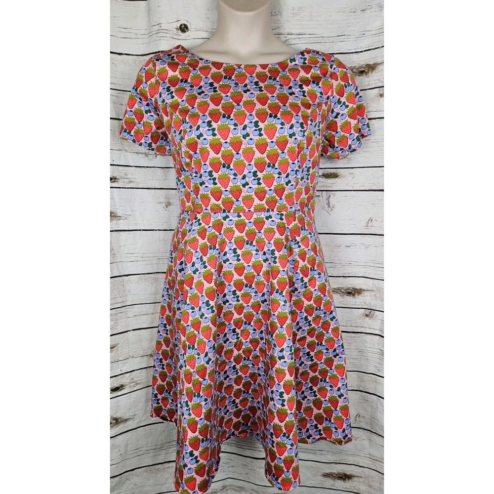 Eva Rose Strawberry Print Fit & Flare Dress 2X Retro Stretch Whimsical Skater